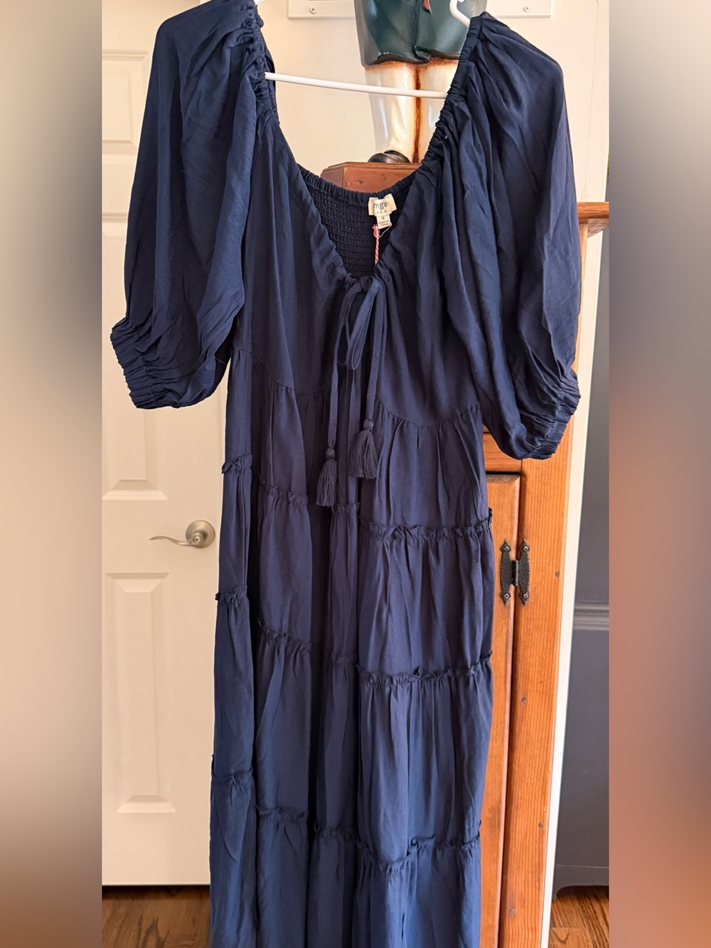 Women’s Navy Tiered Peasant Dress with Tassel Tie -